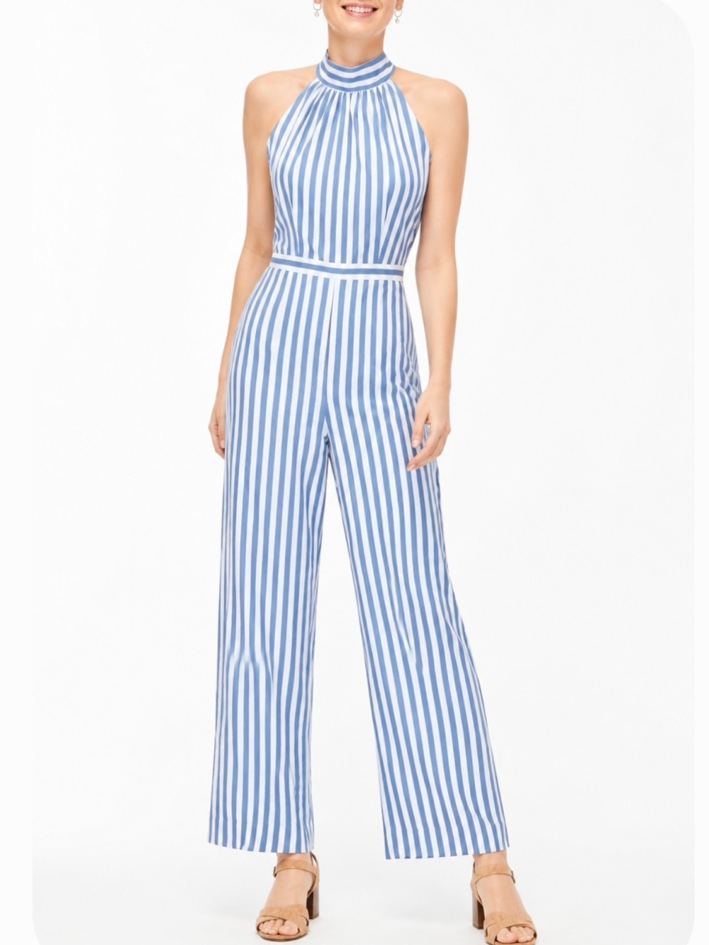 J. CREW Preppy Nautical Striped Cotton Halter Jumpsuit in Light Blue and White